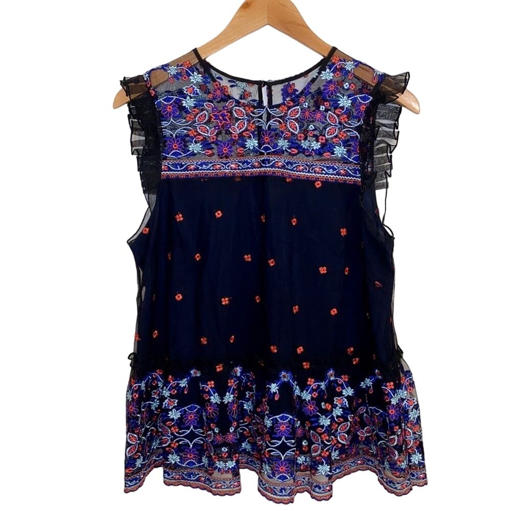 Devlin Revolve Navy Floral Mesh and Embroidery Babydoll Top Size Medium